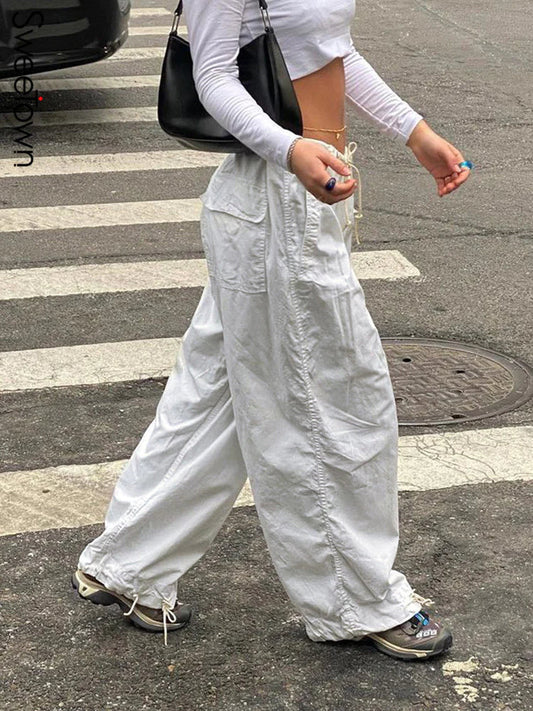 Sweetown Casual Baggy Wide Leg Sweatpants Weiß Lose Kordelzug Niedrige Taille Streetwear Cargo Hosen Womens Hippie Joggers Hosen