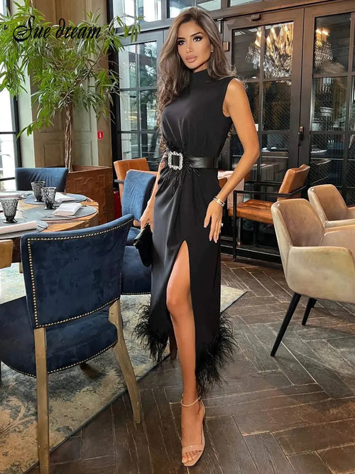 Mode Schwarz Feder Split Midi Kleid 2022 Neue Sommer Frauen' Sexy ärmellose Gürtel Celebrity Club Party Kleid Vestidos